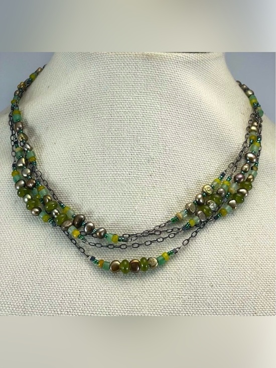 Silpada Jewelry - Silpada 3 Layer Sterling Silver Chain Seed Bead Green Pearl Necklace Statement